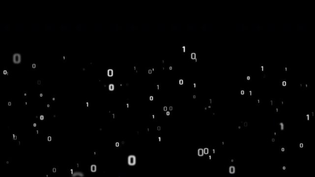 Binary digits and glowing particles rising upward on black background, digital data flow, abstract technology and cyberspace motion graphic overlay