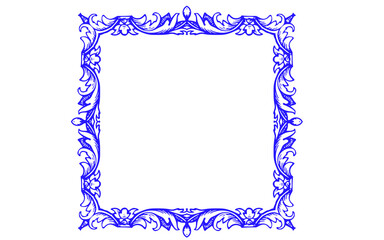 Vintage blue ornate frame with baroque floral scrollwork, elegant royal border illustration, decorative filigree square frame for wedding invitations