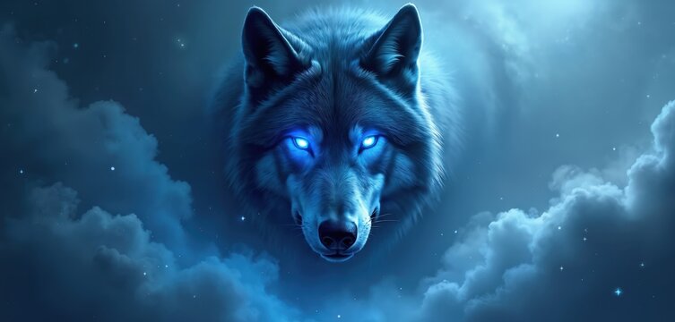 Blue wolf with glowing eyes emerges from dark mist and clouds. Creature appears powerful and mysterious in this fantasy scene with starry night sky.