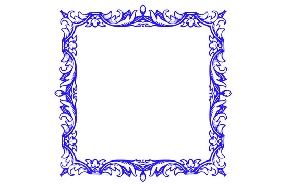 Vintage blue ornate frame with baroque floral scrollwork, elegant royal border illustration, decorative filigree square frame for wedding invitations