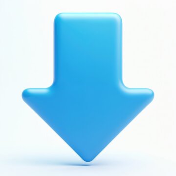 Blue 3D arrow points down against clean white background. Simple graphic symbol indicates downward movement or decline. Isolated object signifies a negative trend or digital navigation.