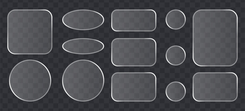 Set of glassmorphism buttons and frames, transparent frosted glass ui elements, vector shapes