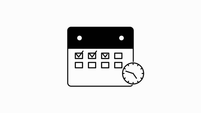 Animated calendar a black and white icon with a clock comes alive in motion graphic.
