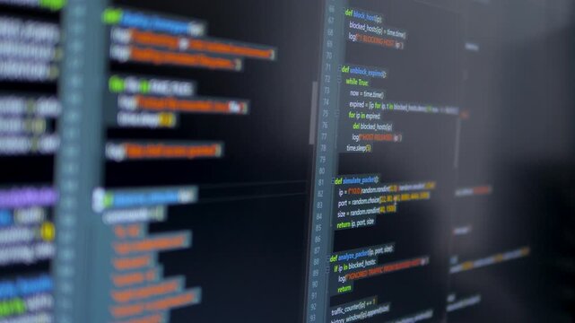 Close up computer monitors displaying fictional programming code and software development interface, technology workspace concept