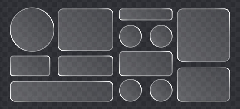 Set of glassmorphism ui elements, frosted glass buttons and frames, transparent shapes