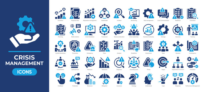 Crisis management icon set featuring risk control, emergency response, recovery planning, and communication icon. Simple solid vector.