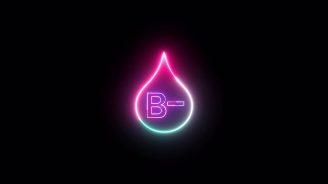 B Negative blood type symbol glowing neon in drop shape on black background, medical concept, B Negative