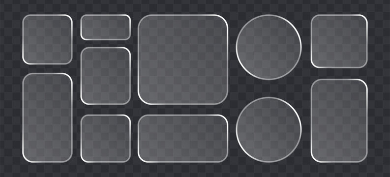Set of glassmorphism frames, frosted glass plates, transparent ui elements with rounded corners