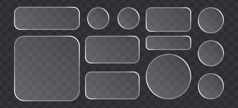Set of glassmorphism style buttons and frames with rounded corners and circles