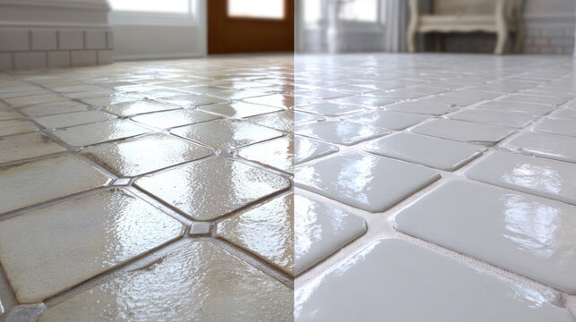Transforming a dirty tiled floor into a pristine, gleaming surface demonstrating cleaning