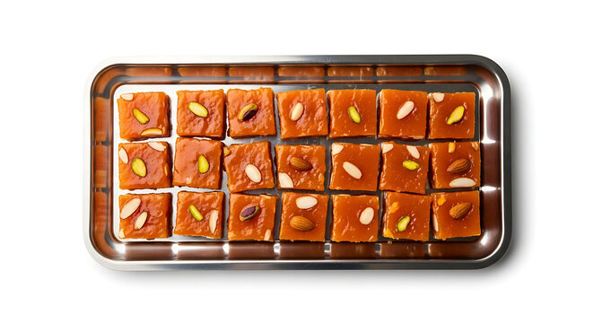 Orange Karachi Halwa Jelly Sweets with Nuts Arranged on a Metal Tray, Traditional Indian Cornflour Based Mithai for Festivals, Chewy and Translucent Confectionery Garnished with Sliced Pistachios.