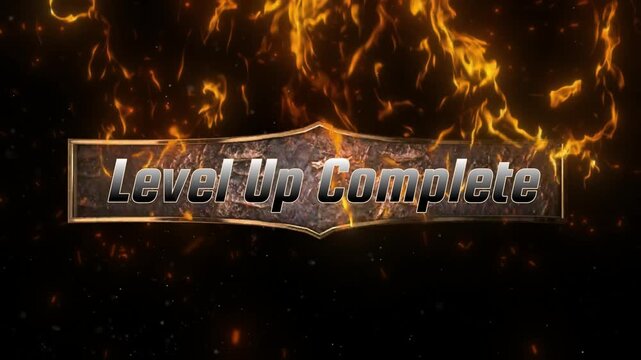 Level up complete text with fiery flames and sparking embers, gaming victory celebration, level up