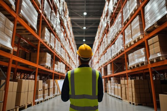 Warehouse worker wearing a hard hat and safety vest, holding a clipboard, standing and checking inventory