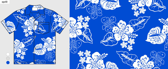 Blue Hawaiian shirt with hibiscus floral pattern, tropical leaves design, summer fashion textile mockup, beachwear and casual clothing presentation, vibrant tropical fabric style © kirkchai