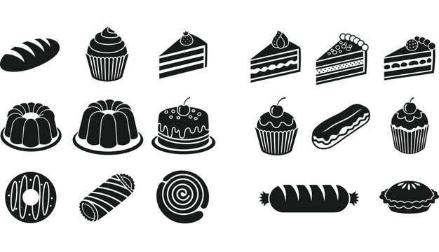 Bakery dessert silhouette vector set with cake slices cupcakes donuts bread pastry and sweet food icons illustration