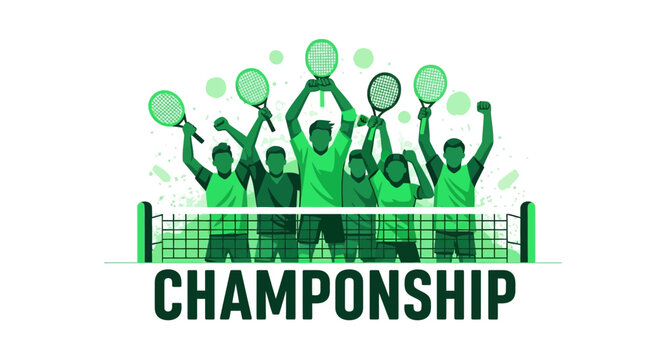 Diverse Tennis Players Celebrating Victory Holding Racquets High Up