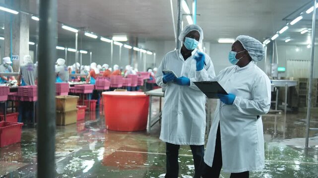 Two African American factory supervisors discuss and examine quality control, inspect and monitor fish chopping, and food production process in chilled, sterile warehouse, for logistics distribution.