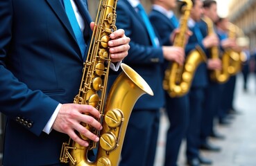 Obraz premium Musicians in navy suits play brass saxophones in a line on city street. Group performs jazz music outdoors. Instrumentalists create melody with wind instruments.