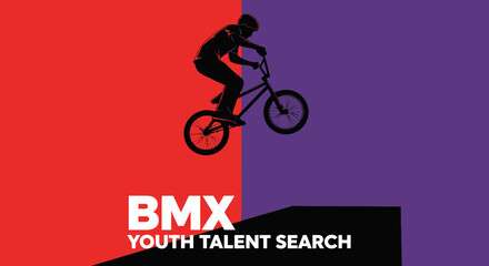 Naklejka premium Dynamic BMX Stunt: Youth Talent Search on Bold Red And Purple Backgrounds