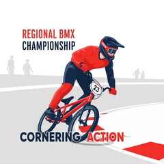 Naklejka premium Dynamic BMX Rider Navigating Corner At The Regional Championship, High-Speed Action Illustration