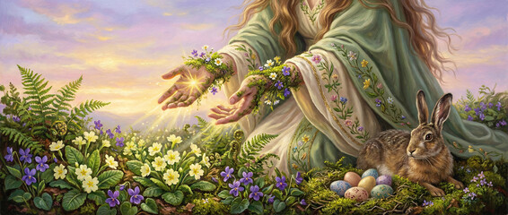 Fototapeta premium A woman stands in a field surrounded by colorful cultural decorations such as bunnies, eggs, and artistic embellishments inspired by Easter.