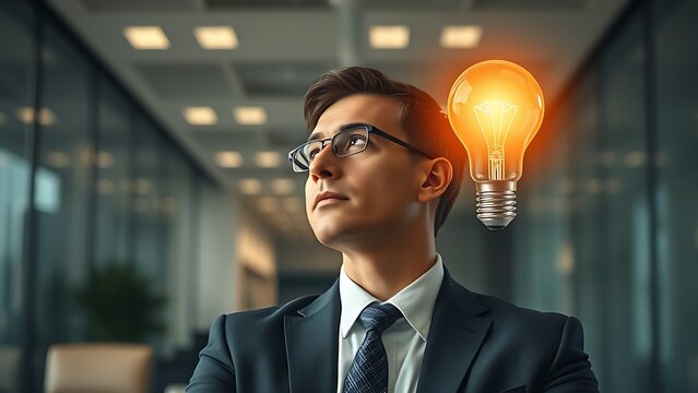 Business professional contemplating financial strategy with lightbulb concept.