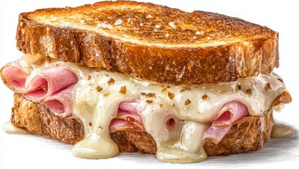 A watercolor of a hot croque monsieur, a French ham and grilled cheese sandwich, categorized as fast food