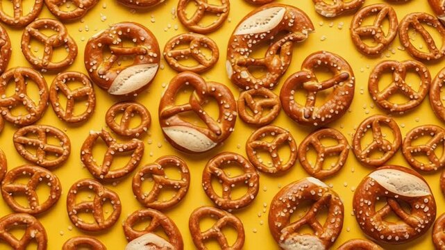 A vibrant yellow background covered with numerous golden-brown pretzels, some topped with salt