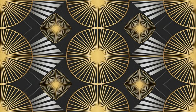 Art deco seamless pattern with golden sunbursts and geometric shapes