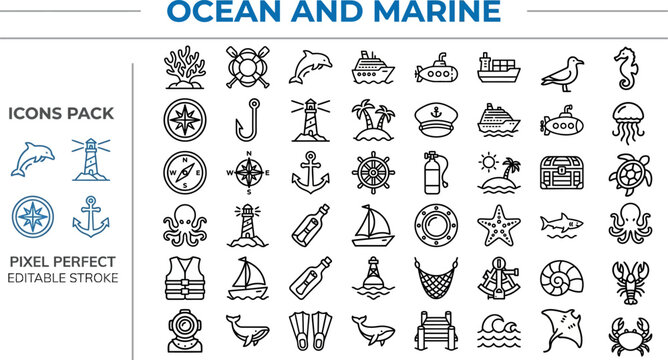 Ocean and Marine Outline Vector Icon Set &mdash; Sea Life, Nautical, Ship, Anchor and Coastal Symbols
