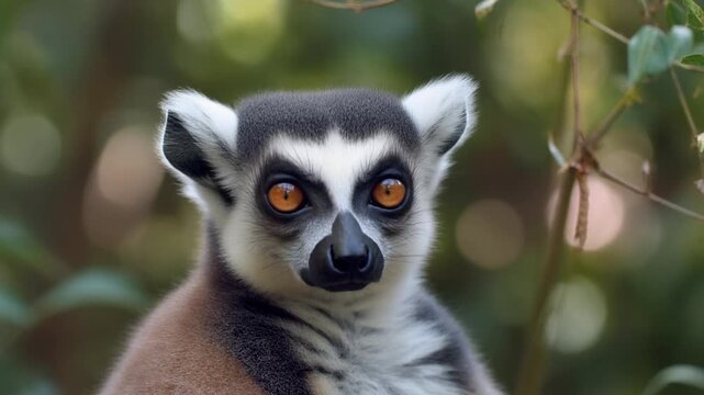 Close-up Portrait of a Ring-Tailed Lemur with Bright Orange Eyes