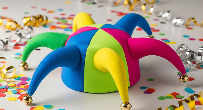 Multicolored jester hats with gold bells on confetti background festive party props