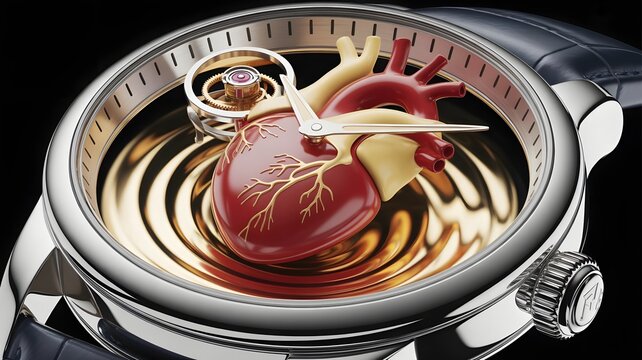 Surreal anatomical heart luxury watch, conceptual wristwatch with human heart organ on golden ripple dial, creative medical timekeeping metaphor, high-end horology art for cardiology concepts