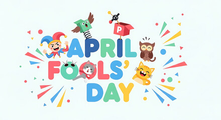 Fototapeta premium Colorful april fools' day illustration with cartoon characters and confetti