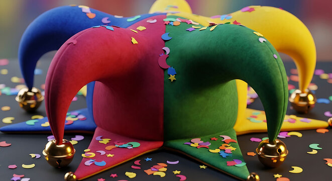 Colorful jester hats with confetti and bells on a dark surface for party decoration