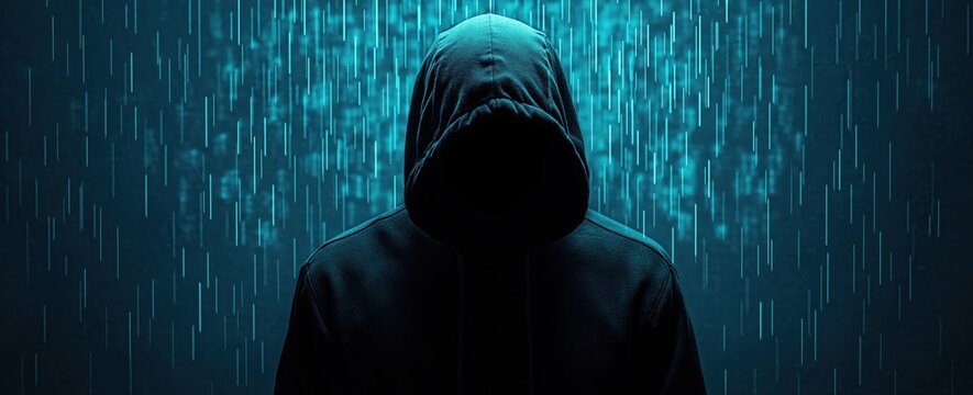 Anonymous hooded figure representing cybersecurity, data breach, and identity theft concepts with falling digital code