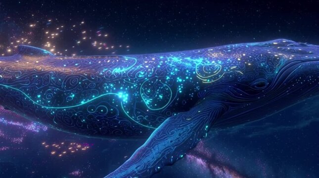 A majestic celestial whale glides through a glowing cosmic nebula, its skin adorned with bioluminescent patterns and swirling stars in a vibrant, dreamlike space odyssey.