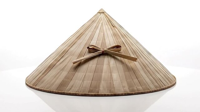 A meticulously crafted conical hat, woven from natural materials like straw or bamboo, rests elegantly on a pristine, reflective white surface. The hat showcases its distinctive pointed silhouette, a 