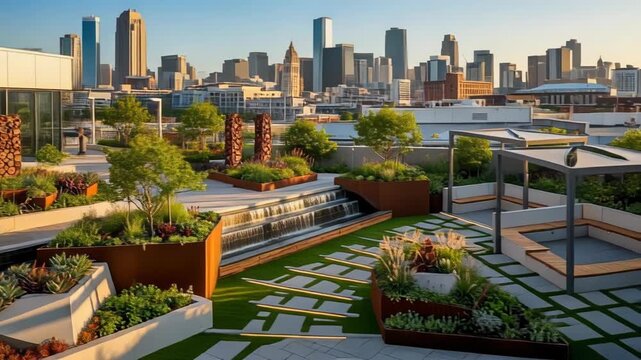 A serene rooftop garden with lush greenery and city skyline in the background