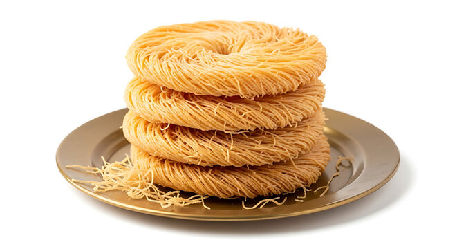 Traditional Sutarfeni Sweet Vermicelli Shredded Pastry Garnished with Almonds and Pistachios, Authentic Indian Festive Dessert Known as Pheni, Golden Brown Crispy Milk Based Mithai on Decorative Plate