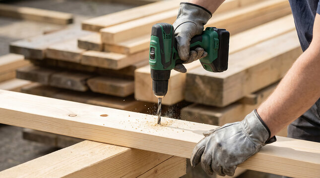 A person wearing protective gloves uses a cordless electric drill to create a hole in a piece of timber, showing woodworking.