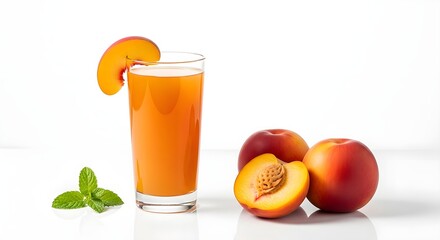 Fototapeta premium A Tall Glass of Vibrant Peach Juice Garnished with Fruit Slices Alongside Whole Peaches