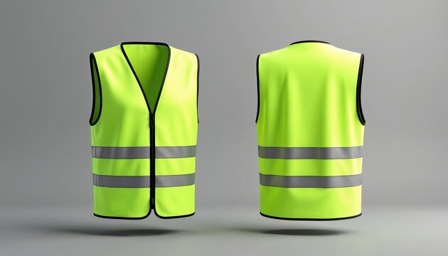Fluorescent green safety vest front and back view. High visibility sleeveless jacket with reflective stripes and zipper. Protective workwear for traffic or construction workers. Safety apparel.