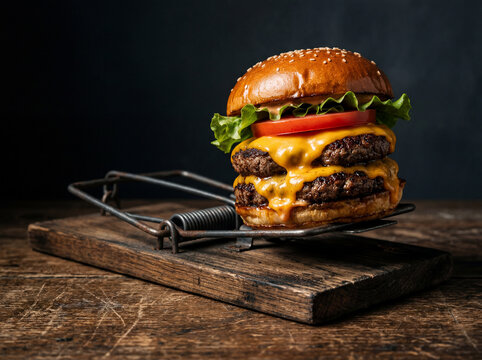 A juicy double cheeseburger placed on a rustic metal rat trap. Concept of junk food addiction and obesity.