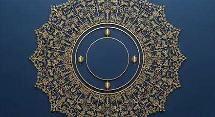 Fototapeta premium Intricate Gold Islamic Mandala Design with Geometric Patterns and Floral Motifs on Deep Blue Background