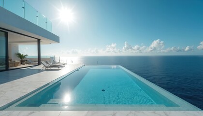 Fototapeta premium Modern house with infinity pool overlooks vast ocean horizon. Bright sun shines on calm blue water. Lounge chairs wait on clean white terrace. Luxurious vacation property with sea view.