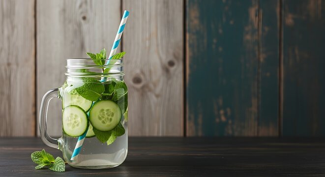 Mason Jar Filled with Refreshing Cucumber Mint Infused Water and Blue Striped Straw on Rustic Wood Table