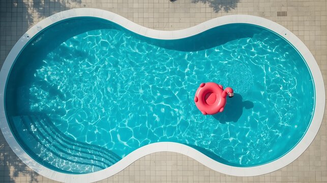 An overhead shot of a pristine kidney-shaped swimming pool with shimmering turquoise water surrounded by clean white tiles in the bright afternoon sunlight.