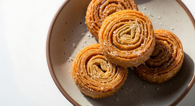 Traditional Crispy Flaky Chirote Sweet Pastry Spirals Sprinkled with Sugar Powder, Authentic Maharashtrian Festive Snack for Diwali and Weddings, Golden Brown Layered Confectionery Served in a Bowl