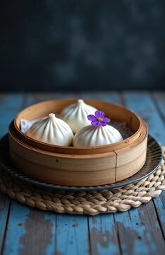 Three white steamed buns sit in bamboo steamer basket. Purple flower decorates one bun. Food served on patterned plate, woven mat. Blue wood background.